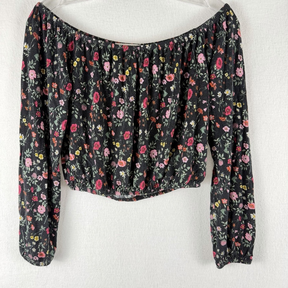 H&M Loves Coachella Floral Crop Top Sz XS Long Sleeve Dark Cottage‎ Whimsigoth